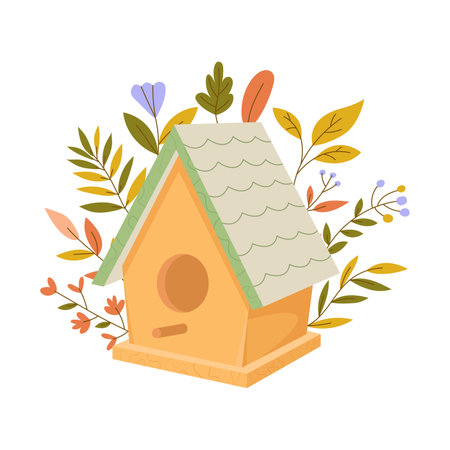 Set of Wooden Bird Houses, Colorful Feeders of Different Design with Slope Roof. Birdhouses, Home or Nest with Round, Arched or Heart Holes Sweet Homes. Cartoon Vector Illustration, Icons, Clip Artのイラスト素材