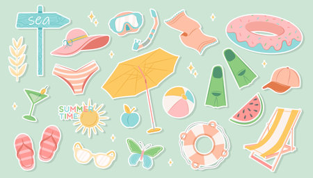 Big summer set. Summer set of cute elements, swimsuit, sunglasses, sun lounger with umbrella, swimming circle, hat, fruit, ice cream, cocktail, fins and mask. Cartoon vector illustration. Flat stickerのイラスト素材