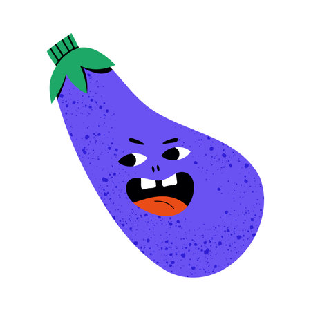 Eggplant character. Cute ripe violet eggplant character with grain texture isolated on white background. Vector illustrationのイラスト素材