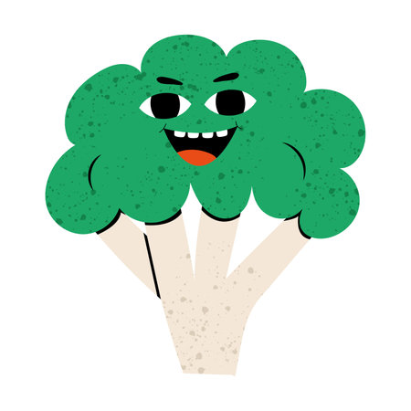 Happy smilling cute broccoli. Vector modern flat style cartoon character illustration icon design. Isolated on white background. Broccoli healthy food, good nutrition,vegetarian conceptのイラスト素材
