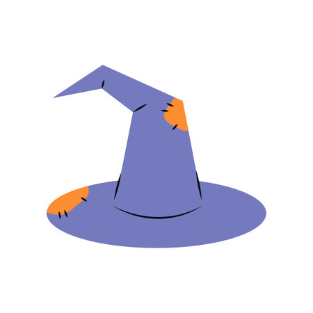 Purple old witch hat symbol of Halloween icon. Symbol of witchcraft. Halloween decorative element in flat style. Vector stock illustration isolated on white background.のイラスト素材