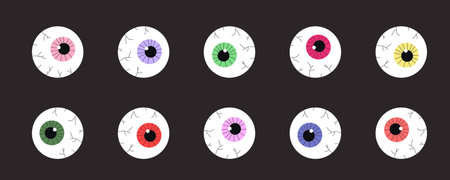 Set cartoon Halloween colorful eyeball. Halloween human or zombie eye icon, element for design. Vector stock illustration, isolated element.のイラスト素材