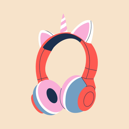 Cute professional gaming headphones with unicorn ear for girls in cartoon style. Colorful red pink audio equipment for listening to music. Music device icon or print. Vector stock illustration.のイラスト素材