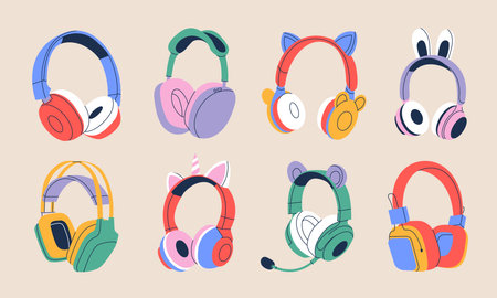 A set of professional headphones for listening to music of various shapes. Cute gaming headphones with ears for girls. Electronic device in flat style. Vector stock illustration.のイラスト素材