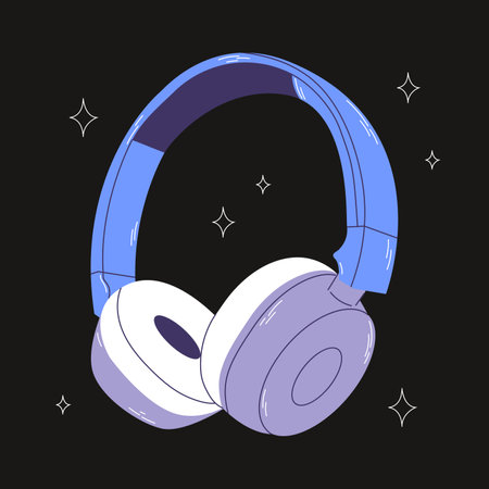 Cute professional gaming headphones for girls and boys in cartoon style. Colorful purple blue audio equipment for listening to music. Music device icon or print. Vector stock illustration.のイラスト素材