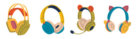 A set of professional headphones for listening to music of various shapes. Cute gaming headphones with ears for girls. Electronic device in flat style. Vector stock illustration.のイラスト素材