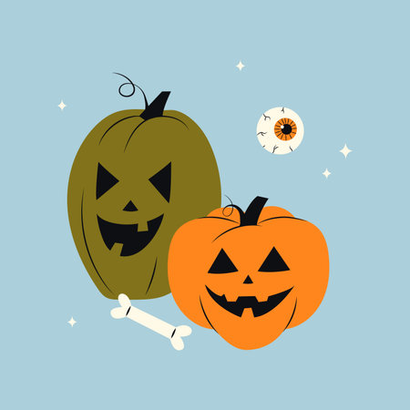 Cute illustration of a card with pumpkins for Happy Halloween. Pumpkins with bones and eyes. Childrens illustration for postcard, print for your design. Vector stock illustration on blue background.のイラスト素材