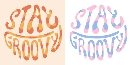 Typography Stay Groovy Lettering. Wavy handwritten slogan in retro style. 60s 70s inscription for t shirt, print, card, poster. Colorful lettering in vintage style. Vector stock illustration.のイラスト素材