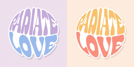 Retro Print colourful vintage lettering radiate love. Groovy lettering Radiate Love. Retro slogan in round shape. Trendy groovy print design for poster, card, tshirt.のイラスト素材