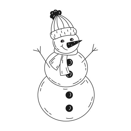 Cute Christmas snowman in a hat and scarf. New Years decor element in doodle style. Hand drawn stock illustration on isolated white background.の写真素材