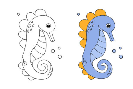 Cartoon seahorse coloring book page with colorful template. Cute colorig book. Underwater ocean life, marine animal. Funny seahorse isolated contour. Kids animals coloring book page. Vectorのイラスト素材