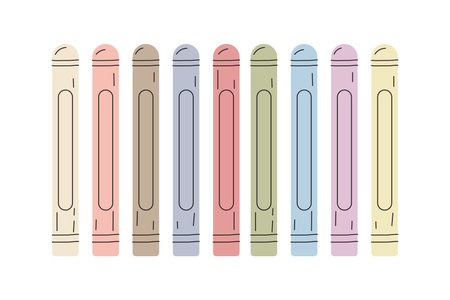 Oil pastel or wax pastel crayons, colorful set. Color pencils isolated on white background. Kindergarten, preschool and kids concept. Vector stock illustration. Back to school.のイラスト素材