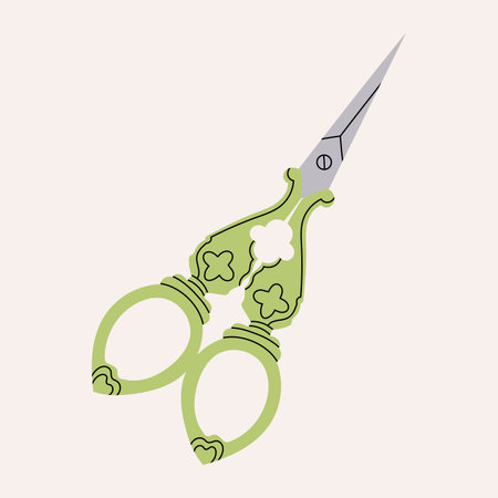 Metal vintage scissors with green handles. Sewing or tailoring tools kit single icon in cartoon style vector symbol stock illustration. Illustration with various scissors for grooming.のイラスト素材