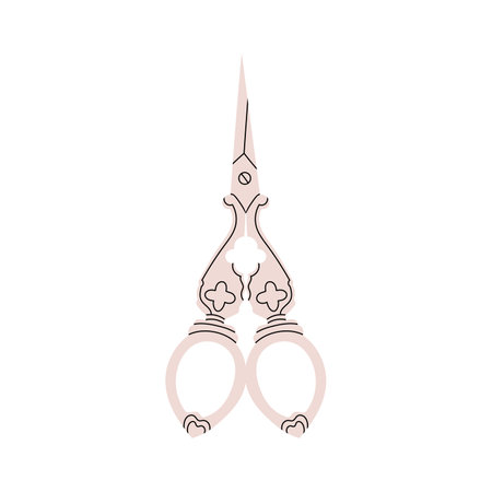 Metal vintage scissors of various shapes with beige handles. Vector stock illustration. Scissors for grooming, manicure, creativity and handicrafts.のイラスト素材