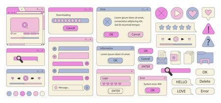 Big set of retro vaporwave desktop browser and dialog window templates. 80s 90s old computer user...