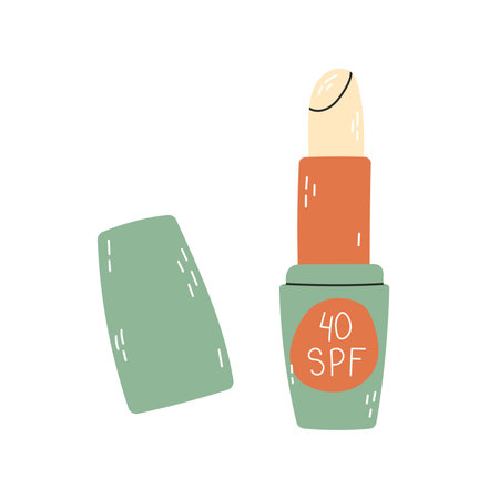 Lip treatment with sun protection. Sunscreen for lips. Balm, lipstick, shine, butterstick. Packaging, bottle, tube. Vector illustration isolated on white background in hand drawn styleのイラスト素材