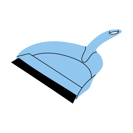 Blue plastic scoop for sweeping. Dustpan or shovel with handle. Dust pan for housework. Manual domestic tool. Colored flat vector illustration isolated on white backgroundのイラスト素材