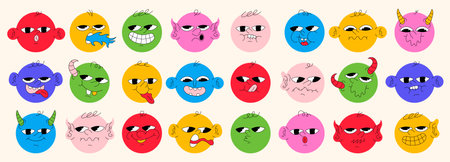 Round Abstract Comic Faces with Different Emotions. Various colorful characters. Flat design. Set of vector emoticons.のイラスト素材