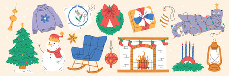 Xmas items set. Christmas tree. Festive wreath, candy, snowman, sweater, fireplace, cat, garland. New year decorations. Winter holiday decor. Flat. Vector Stock Illustrationのイラスト素材