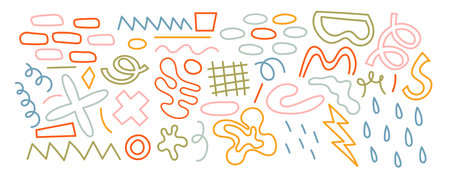 Hand drawn naive, bizarre abstract geometric shapes and forms. Modern contemporary figures, various organic shapes and doodle objects, vector graphic elementsのイラスト素材