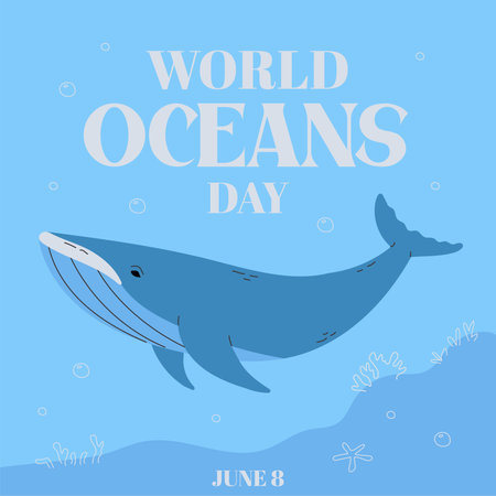World oceans day template. Template for postcard, poster, banner. Vector illustration of a beautiful blue sea background with waves, bubbles, corals, blue whale. Vector illustrationのイラスト素材