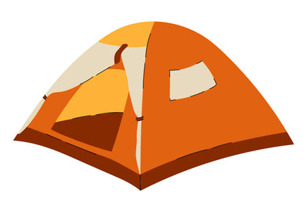 Illustration of an orange camping tent with open entrance and side window, perfect for outdoor, travel, and adventure themes. Clean and minimal design. Vector Stock Illustration.のイラスト素材