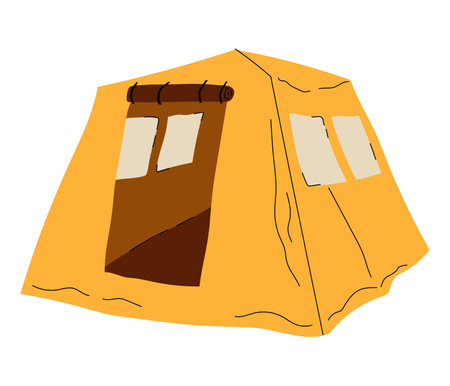 Illustration of a yellow canvas camping tent with front flap and side windows, ideal for outdoor adventure, travel, and nature-themed content. Simple and clean design. Vector Stock Illustration.のイラスト素材