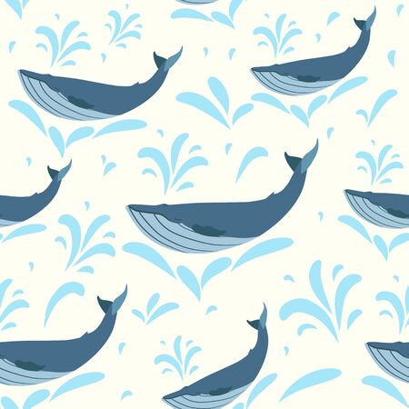 Vector whale illustration. Swimming cute whales seamless background for print or web. Whales pattern in retro styleのイラスト素材