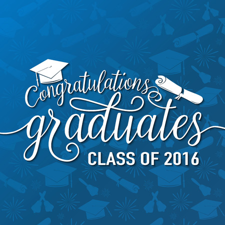 Vector illustration on blue seamless graduations background congratulations graduates 2016 class of, white design sign for the graduation party. Typography greeting, invitation card with diplomas, hat and lettering.のイラスト素材