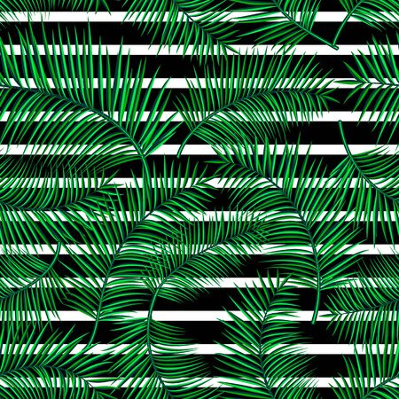 Retro vector illustration of exotic tropical seamless pattern with cartoon bright palm leaves, geometric straight line isolated on white background. Trendy plant endless backdrop. Use for print webのイラスト素材