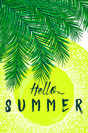 Retro vector illustration of summertime felicitation vertical poster with palm leaves, sun, sunshine, grunge distressed effect. Vintage lettering quote Hello summer. Use for print webのイラスト素材