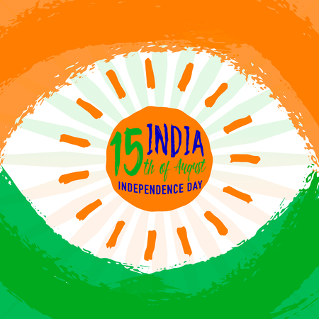 Vector illustration of Indian flag theme greeting background for 15th august Independence day with light wheel, felicitation sun element, grunge texture isolated on white, clipping under mask.のイラスト素材