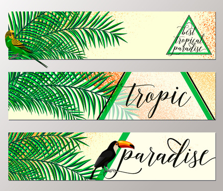 Vector illustration of tropical paradise banner collection with parrot, toucan, palm leaf, grunge effect, summer lettering sign in triangle. Creative color background for web or print design, objects under maskのイラスト素材