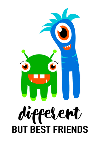 Vector illustration of cool modern friendship card in fashion simple style with lettering quote text sign, cute smiling monsters isolated on white background. Different but best friends.のイラスト素材