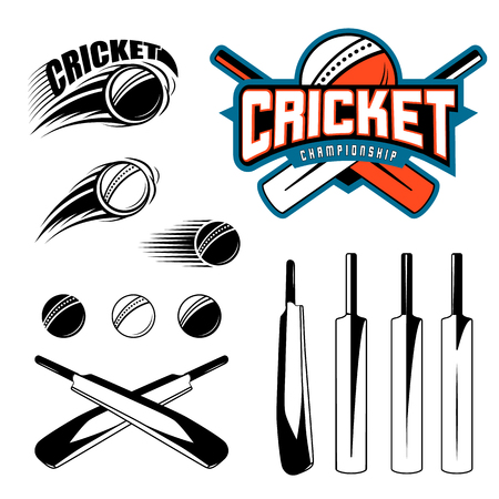 Set of cricket sports template elements - ball, bat. Use as icons, badges, label designs or print. Vector illustration of cricket championshipのイラスト素材