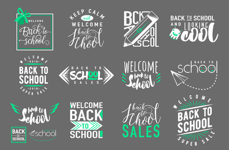 Vector Set of back to school, sale retro style elements. Typography and lettering vintage print back to school template. Graphic design for back to school poster, advertisingのイラスト素材
