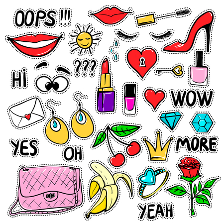 Set of fashion patches elements like heart, rose, purse, banana, cherry, crown, lips, diamond, eyes.のイラスト素材