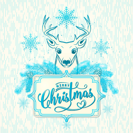 Vector illustration of Merry Christmas greeting with deer, snowflakes, pinecone, lettering inscription. Magic winter congratulation with Christmas in retro style with grunge textureのイラスト素材