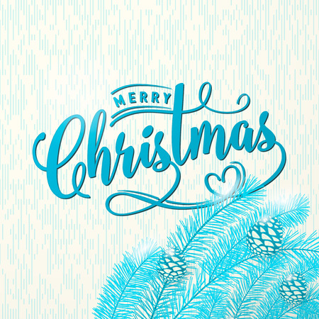 Vector illustration of Merry Christmas greeting with pine cone, spruce, lettering inscription. Old magic winter congratulation with Christmas in retro style with grunge textureのイラスト素材