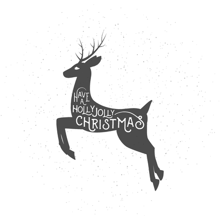 Vector illustration of Christmas greeting with leaping deer, typography inscription. Old magic winter emblem with xmas and new year in retro hipster style. Have a holly jolly christmasのイラスト素材