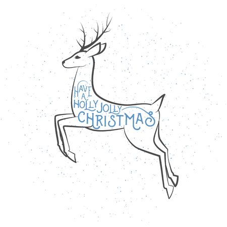 Vector illustration of Christmas greeting with leaping deer, typography inscription. Old magic winter emblem with xmas and new year in retro hipster style. Have a holly jolly christmasのイラスト素材