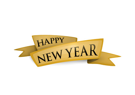 Vector illustration of happy new year ribbon golden banner isolated on white. Luxury holiday congratulation emblem with new year in hipster styleのイラスト素材