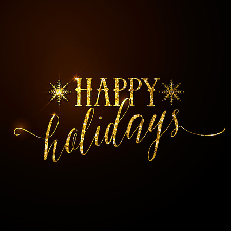 Vector illustration of Happy Holidays glitter gold lettering text. Holiday typography illustration luxury design with snowflake. Holidays quote emblem in golden style. Use as overlay, prints, t shirtのイラスト素材
