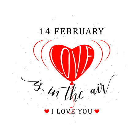 illustration of valentines day greeting card with typography lettering text sign, red heart balloon isolated on white background in retro style. Love is in the air related inspirational quoteのイラスト素材