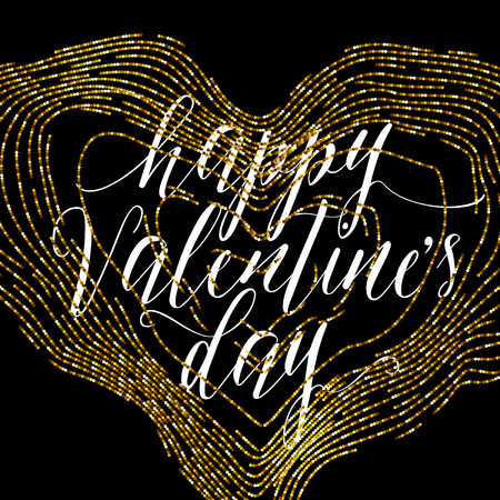 illustration of happy valentines day gold greeting card with lettering text sign and glitter beads line heart isolated on black background in luxury styleのイラスト素材