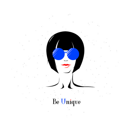Vector illustration of elegant girl in glasses with text sign Be Uniqueのイラスト素材