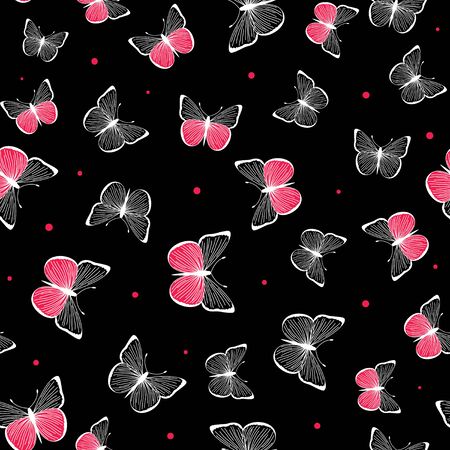 Vector illustration of pink, black and white romantic butterfly seamless patternのイラスト素材