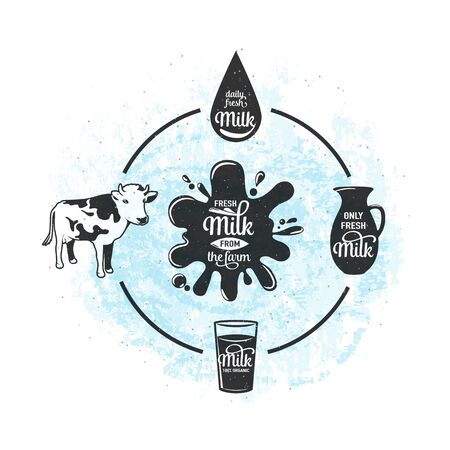 A vector illustration of fresh milk from the farm to production scheme in blue background.のイラスト素材