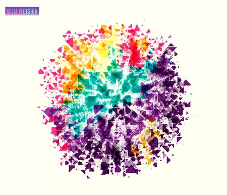 Vector illustration of dynamic creative abstract background in round shape. Retro vivid geometric design with triangle particle textureのイラスト素材