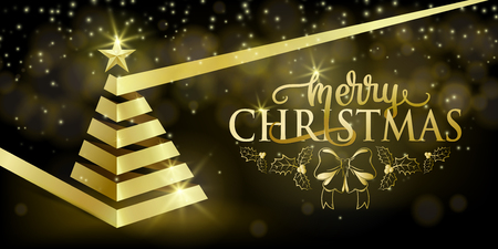 Merry christmas fancy luxury gold ribbon xmas tree, golden star in hipster flat style. Greeting holiday card for party invitation with blurred round fog, glitter shine sparkles on black backgroundのイラスト素材